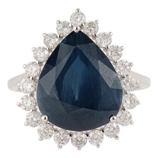 Victorian Natural 18k White Gold 8.42ct Blue Sapphire & Diamond Art Deco Ring Size 4 For Sale