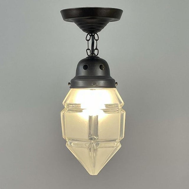 Secessionist Brass Semi Flush Mount in Frosted Glass and Burnished, 1920s For Sale - Image 3 of 14