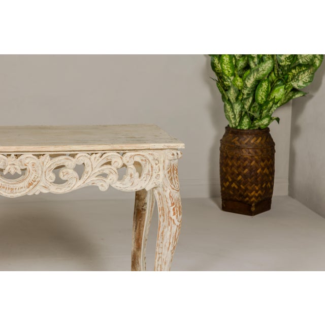 Wood Rococo Style Painted Console Table with Carved Apron and Distressed Finish For Sale - Image 7 of 12