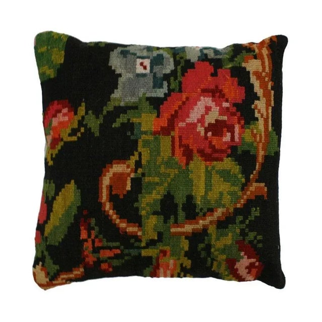 Pair of contemporary square scatter cushions. Hand stitch floral pattern wool on one side and plain linen on the other...