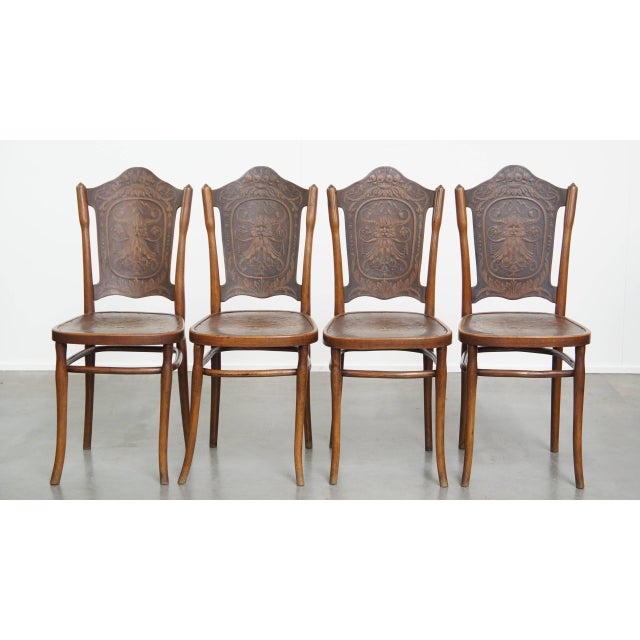 Offered this set of 4 original antique Jacob and Josef Kohn bentwood design Thonet chairs from early 20th century with...