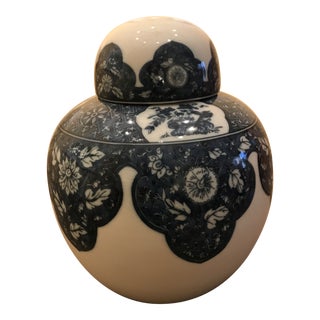 Ethan Allen Blue and White Round Lidded Jar For Sale