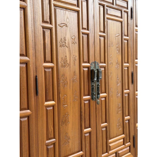 Vintage Chinese Elm Elmwood Wedding Cabinet Armoire Prosperity Cabinet Chinoiserie Wardrobe With Interior Hanging Rail For Sale - Image 12 of 12