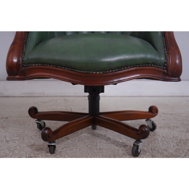 Carved Mahogany Frame Green Leather Office Desk Chair For Sale - Image 9 of 18