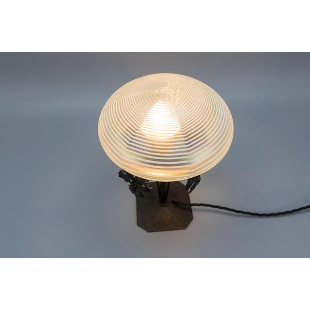Art Nouveau French White Iridescent Glass and Wrought Iron Table Lamp, 1920s For Sale - Image 4 of 18