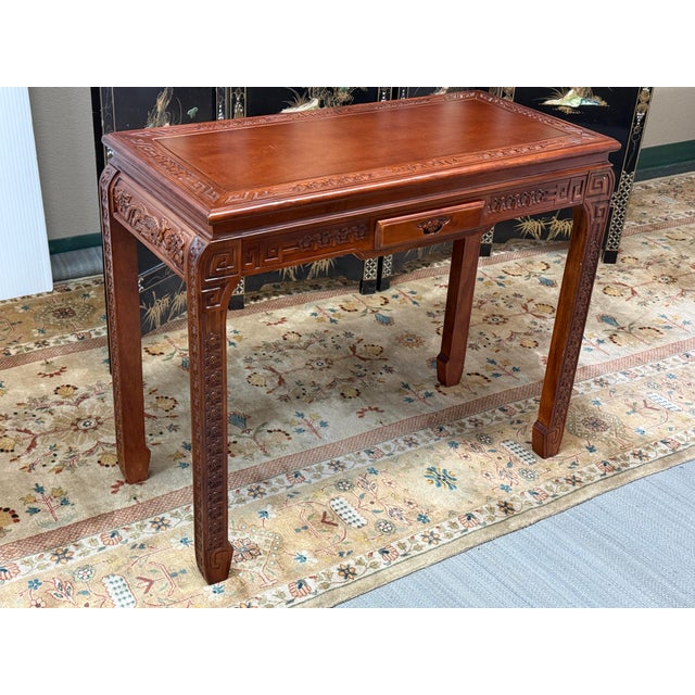 Asian Carved Hardwood Writing Desk, Vintage For Sale - Image 4 of 12
