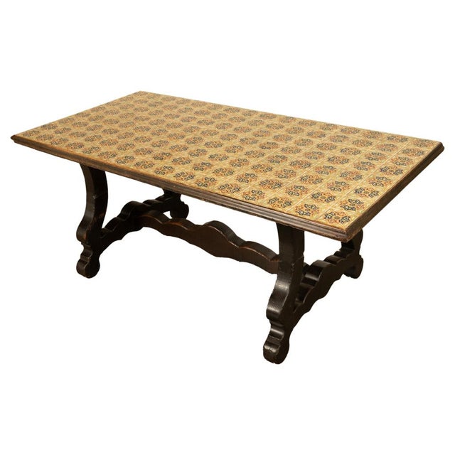 Antique Spanish Colonial Hacienda Walnut Talavera Tile Top Table Six Chairs 1890 For Sale - Image 14 of 17