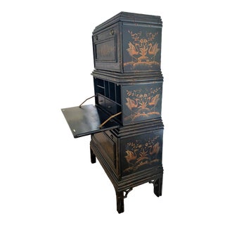 Regency Style Chinoiserie Faux Bamboo Black & Gold Mustard Hand-Painted Secrétaire à Abattant / Drop Front Secretary Desk / Dry Bar For Sale