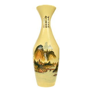 Mid 20th Century Tall Mustard Yellow Crackle Glazed Hand Painted Shan Shui Landscape With Calligraphy Poem Porcelain Vase For Sale