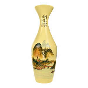 Mid 20th Century Tall Mustard Yellow Crackle Glazed Hand Painted Shan Shui Landscape With Calligraphy Poem Porcelain Vase