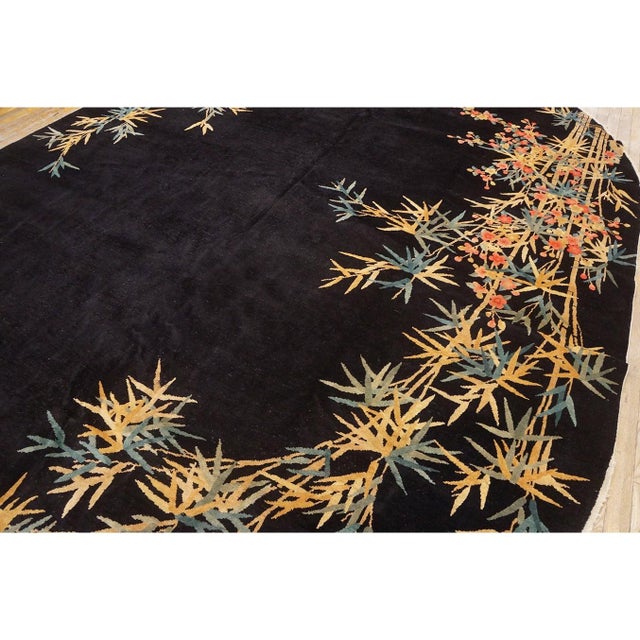 1920s Black Open Field Antique Artistic Art Deco Bamboo Design Chinese Oval Rug For Sale - Image 9 of 10