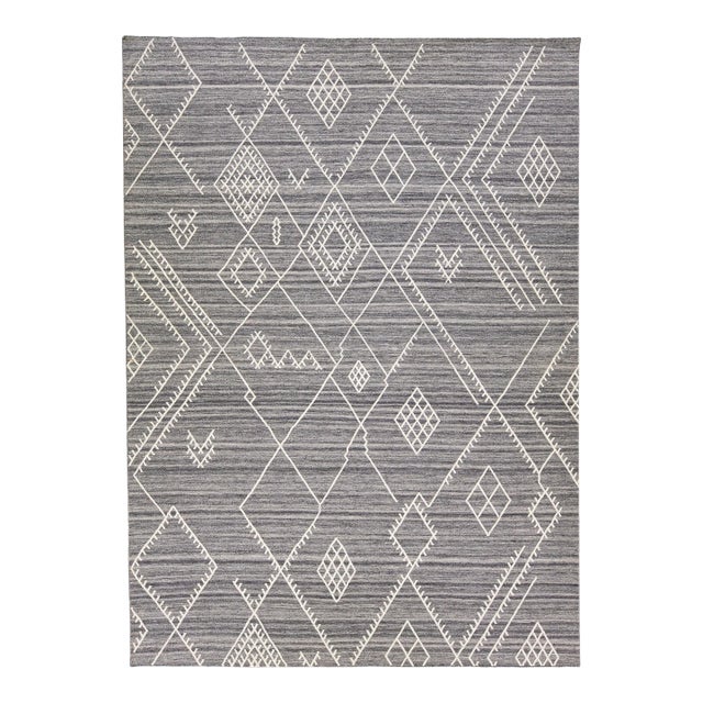 Early 21st Century Modern Flatweave Kilim Gray Geometric Wool Rug by Apadana For Sale