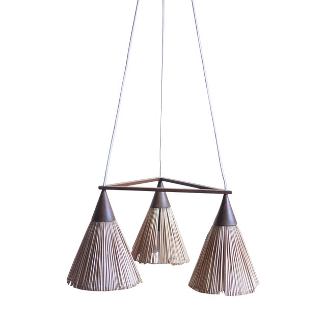 Three Cone Teak and Sisal Pendant Lamp from Temde, 1960s For Sale