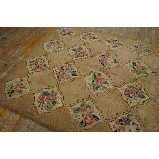 1960s Tan Camel Floral Folk Art Vintage American Hooked Rug 5'3" X 6'7" Handknotted Wool Carpet For Sale - Image 4 of 6