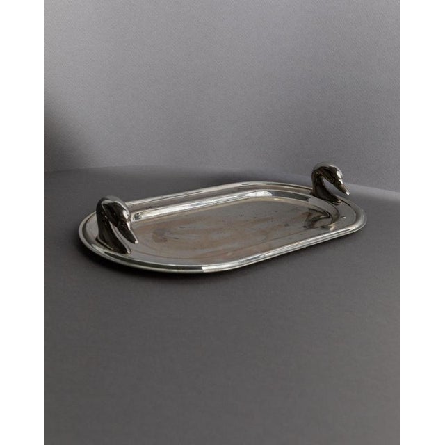 Vintage Oval Silver-Plated Tray with Twin Swan Head Handles, France, 1960s For Sale - Image 4 of 11
