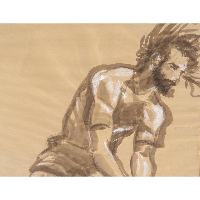 Watercolor on crumpled paper depicting a rugby player in action, by Evelyne Luez, 20th century. 20th-century watercolor...