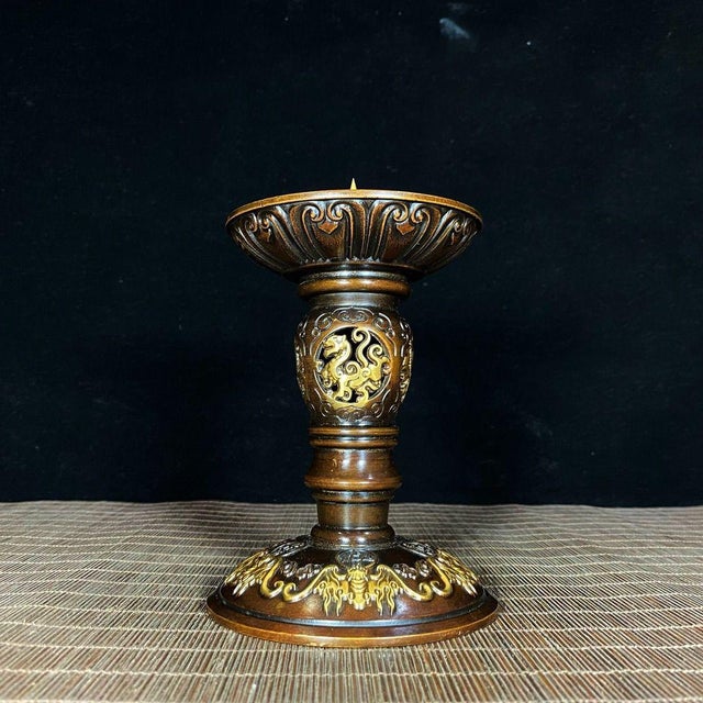 1970s Pair of Vintage Gilded Bronze Candlesticks, Four Divine Beasts Openwork Relief For Sale - Image 5 of 9