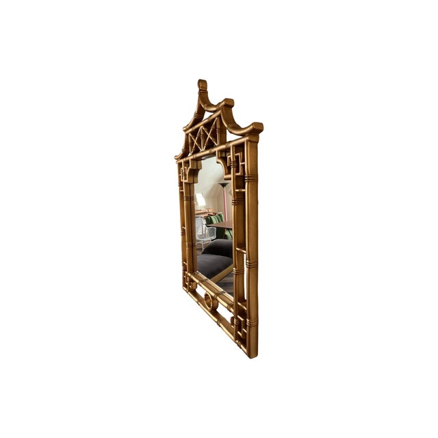 Hollywood Regency Gold Chippendale Style Faux Bamboo Greek Key Pagoda Wall Mirror Palm Beach For Sale - Image 4 of 8