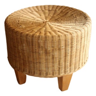 Round Rattan, Bamboo and Wooden Side Table - Foot Stool - Ottoman Vintage For Sale