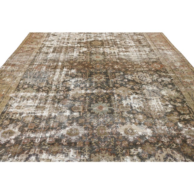 Taupe Distressed Antique Mahal Wool Area Rug in Taupe, Warm Brown, and Muted Sage For Sale - Image 8 of 11