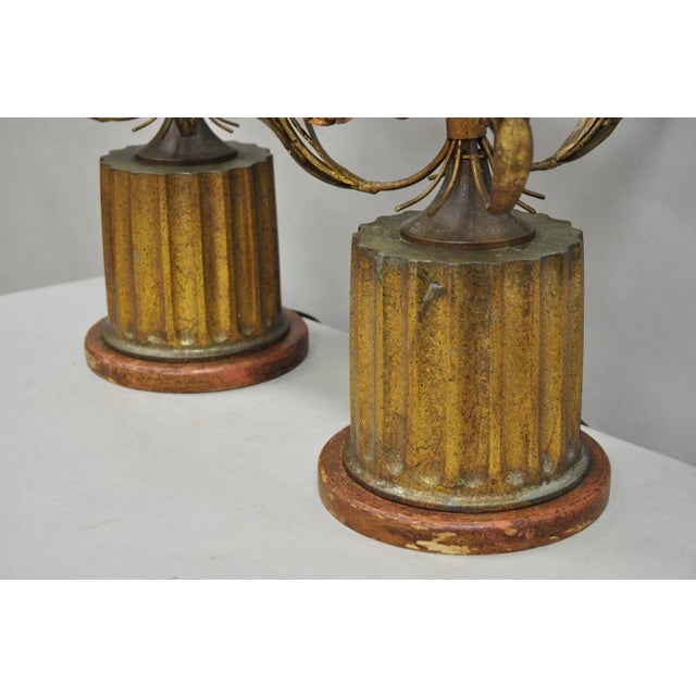 Early 20th Century Italian Hollywood Regency Gold Gilt Iron Metal Pink Rose Tall Table Lamps Pair For Sale - Image 10 of 12