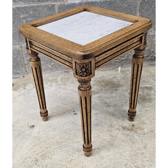 Tan Pair Mid Century French Style Fruitwood & Marble Top Candle Stands Side Tables For Sale - Image 8 of 9