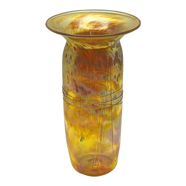 Roger Roland Golden Iridescent Signed Art Glass Vase (Hand Blown, 8.75-inch, Vintage) For Sale