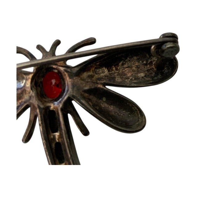 Traditional 1970s Sterling Silver Garnet Marcasite Dragonfly Brooch Pin For Sale - Image 3 of 4