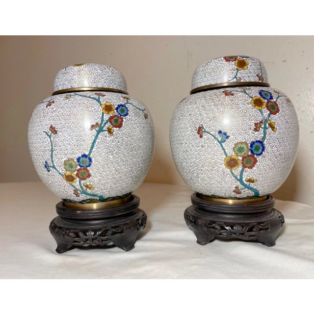 Pair High Quality Antique Handmade Chinese Enamel Bronze Cloisonné Ginger Jars For Sale - Image 4 of 14