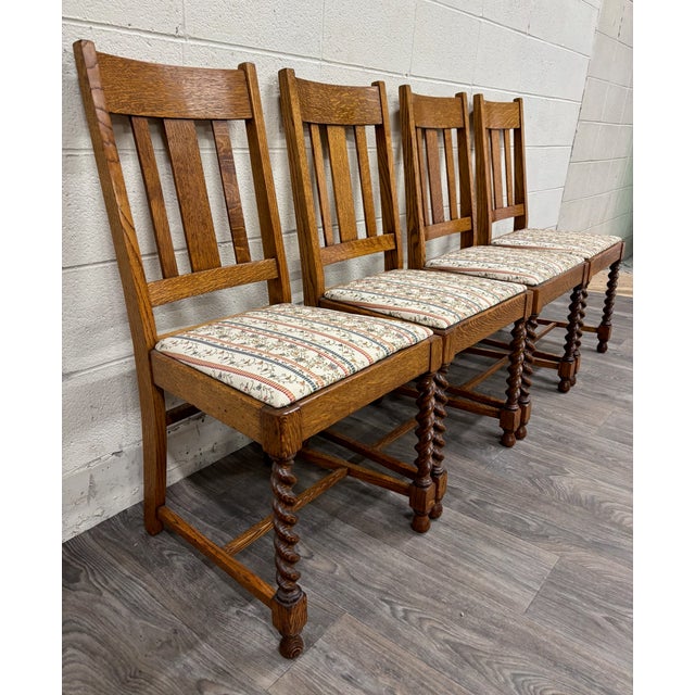 Wood Vintage English Style Barley Twist Tiger Oak Pub Dining Chairs - Set of 4 For Sale - Image 7 of 13