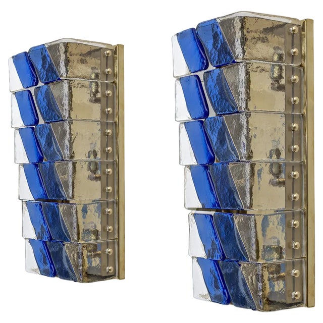 Mid-Century Italian Modern Style Murano Glass and Brass Sconces, 1980, Set of 2 For Sale