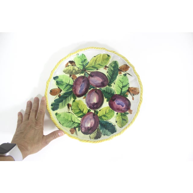 Traditional Vintage 11” Italian Renaissance Revival Hand Painted Plum Fruit Plate Made in Italy Faïence Ceramic For Sale - Image 3 of 7