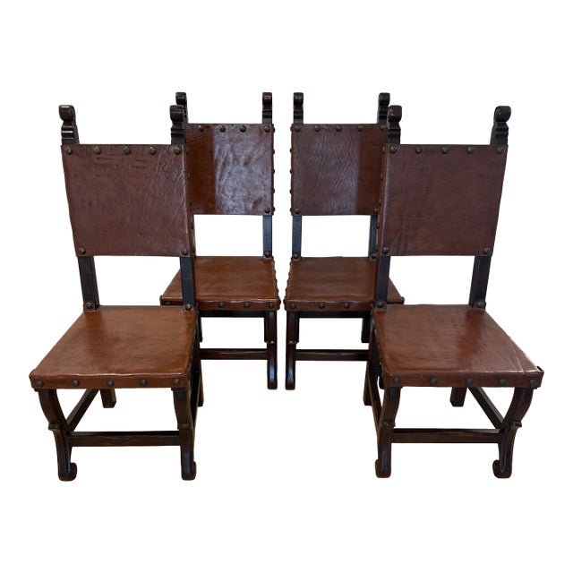 Vintage South Cone Trading Co. Spanish Colonial Peruvian Leather Dining Chairs- Set of 4 For Sale