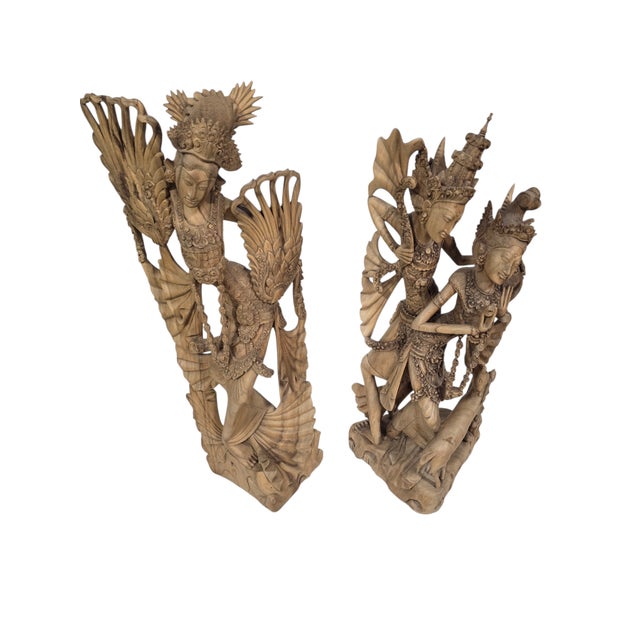 Late 20th Century Late 20th Century Monumental Hand Carved Balinese Wood Sculptures of Rama & Sita With Dancer Goddess – Set of 2 For Sale - Image 5 of 12
