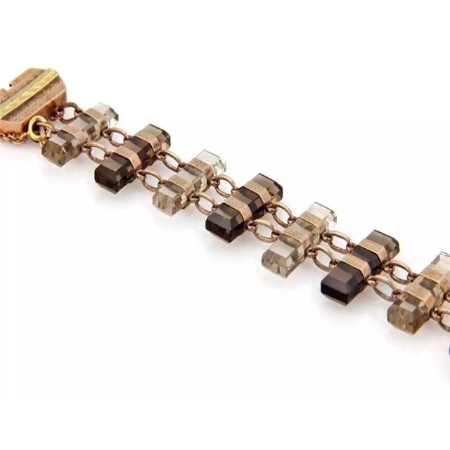 Smoky & Clear Quartz 9k Rose Yellow Gold Fancy Bar Link Bracelet For Sale - Image 4 of 6
