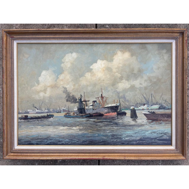 Midcentury Harbor Seascape Oil on Canvas, Framed For Sale - Image 12 of 12