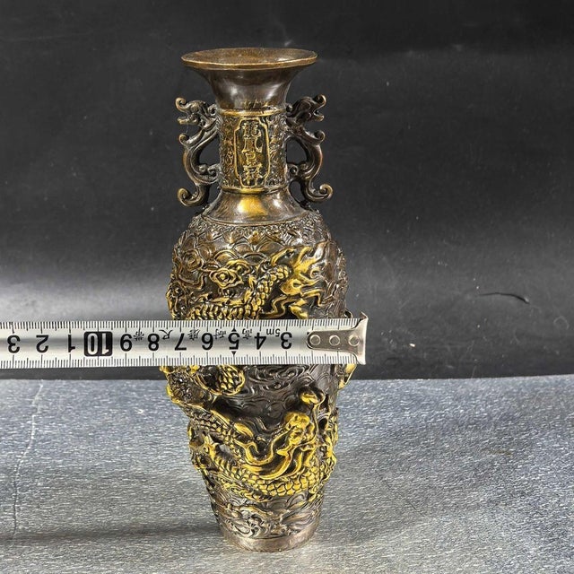Bronze Late 20th Century Gilt Bronze Vase With Dragon & Phoenix Relief For Sale - Image 8 of 8