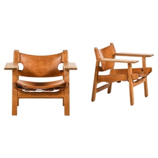 Easy Chairs in Oak and Cognac Brown Leather attributed to Børge Mogensen, 1950s, Set of 2 For Sale