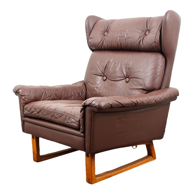 1960s Mid Century Danish Modern Lounge Chair Wingback Brown Leather High Back Armchair For Sale