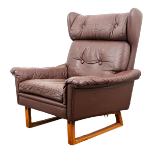 1960s Mid Century Danish Modern Lounge Chair Wingback Brown Leather High Back Armchair