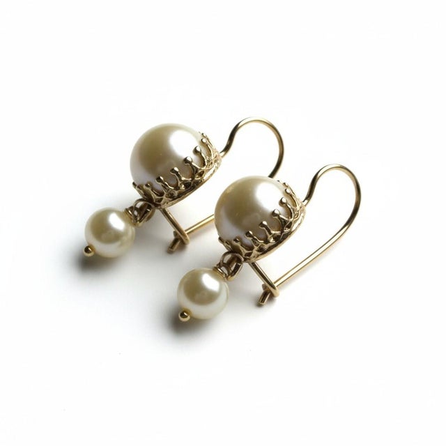 Mid-Century Modern 1990s 14kt Yellow Gold Double Drop Pearl Dangle Hoop Earrings, A Pair For Sale - Image 3 of 10