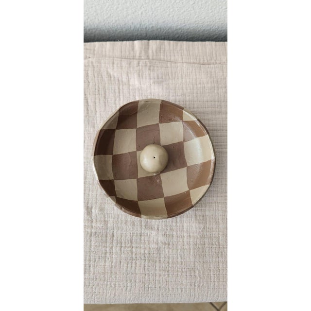 Rustic Handmade Clay Incense Burner With Checkered Pattern (Brown & Beige) For Sale - Image 3 of 3
