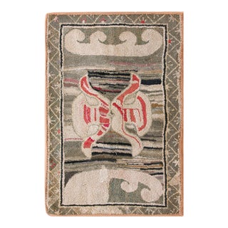 1890s Gray Medallion Antique American Hooked Rug 2'0" X 2'10" Handknotted Wool Carpet For Sale
