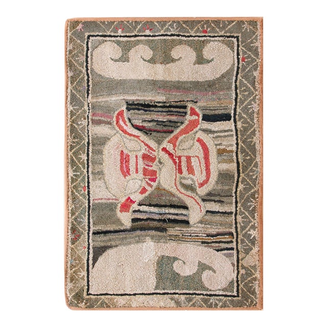 1890s Gray Medallion Antique American Hooked Rug 2'0" X 2'10" Handknotted Wool Carpet For Sale