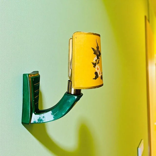 French Art Deco Green Ceramic Wall Sconces with Hand-Painted Half Shades, 1940s, Set of 2 For Sale - Image 6 of 16