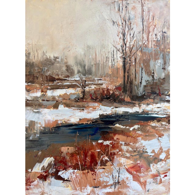 Contemporary Seasons by Sandra Pratt | Oil on Panel Landscape with trees and water in winter tones For Sale - Image 3 of 5