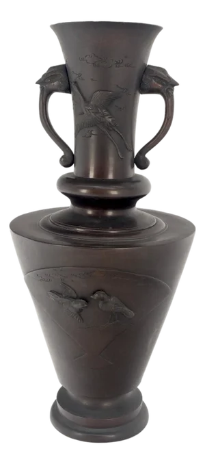 Early 20th Century Large Brass or Bronze Asian Two Handles Vase Urn Birds Motif Reliefs Clean!