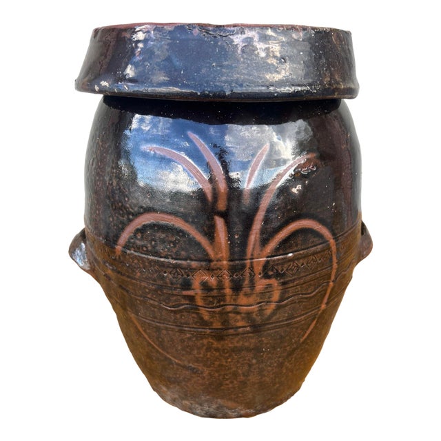 Antique Redware Korean Traditional Onggi Fermentation Jar, With Lid, Circa 1920’s For Sale