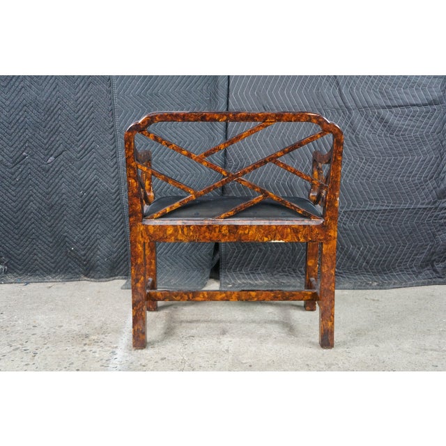 Vintage Chinese Chippendale Faux Tortoise Shell Pierced Trellis Bench Arm Chair For Sale - Image 17 of 18