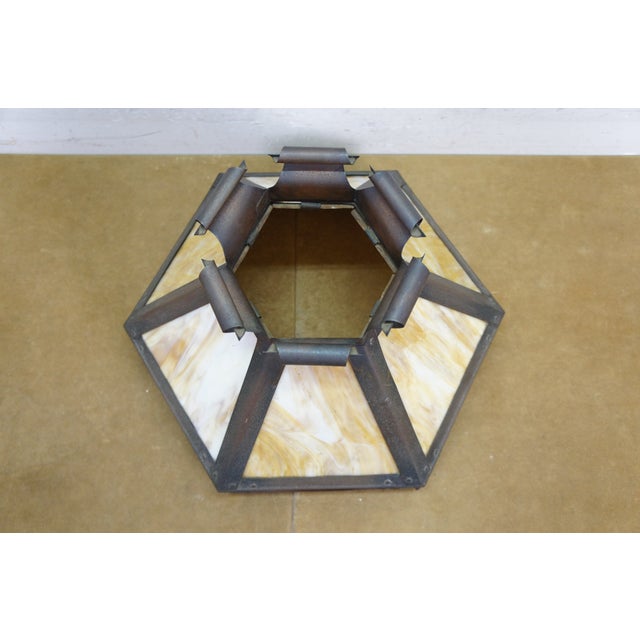 Antique Arts & Crafts Octagonal Caramel & Pink Slag Glass Panel Lamp Shade 17" For Sale - Image 6 of 15
